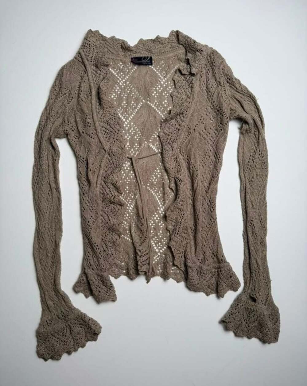 Tan Beige Crochet Ruffle Knit Cardigan Y2K Boho Tie Front Sweater Bell Cuffs
